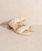 Stylish women's casual braided heel sandals in cream color with a comfortable block heel