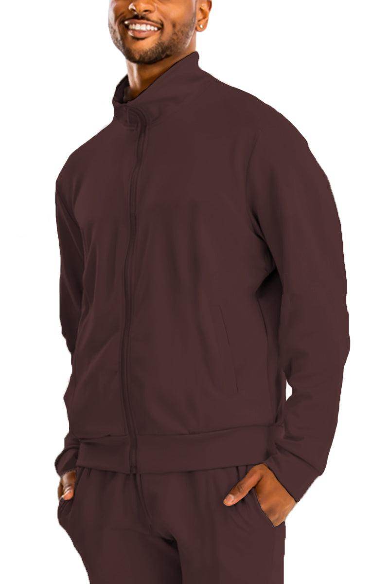 Men's casual brown activewear set featuring a zip-up jacket for comfortable wear