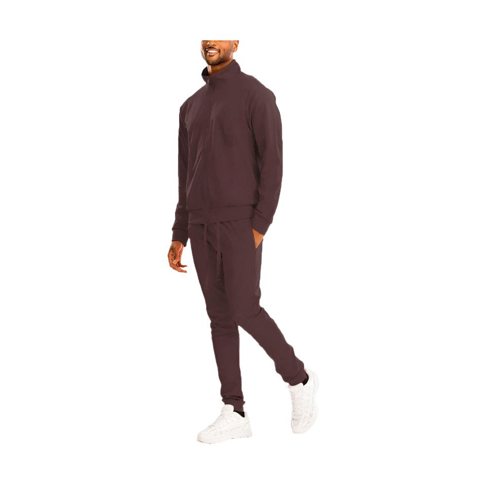 Men's casual brown activewear set from VacationGrabs with zip-up jacket and matching joggers