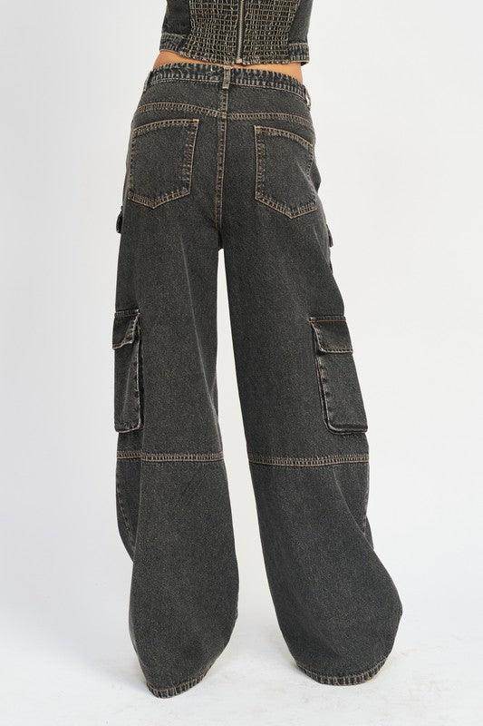 Emory Park Women's Casual Cargo Jeans with Wide Legs and Large Side Pockets for Effortless Style