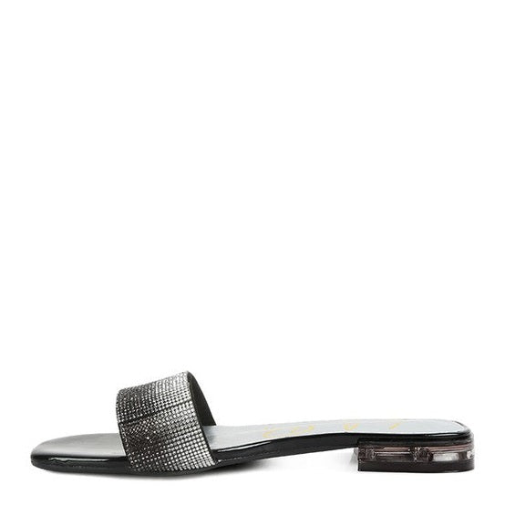 Rag Company casual chic rhinestone slides with a sleek black design for stylish summer wear