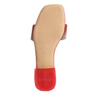 Sole view of Rag Company casual chic rhinestone slides in red with textured bottom for comfort