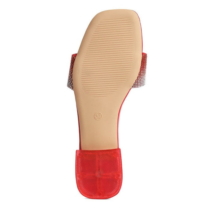 Sole view of Rag Company casual chic rhinestone slides in red with textured bottom for comfort