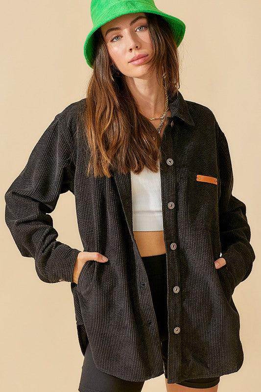 La Miel Women's Casual Corduroy Jacket in Black with Pockets and Button Closure