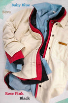 La Miel casual corduroy jacket in multiple colors including baby blue, ecru, rose pink, and black