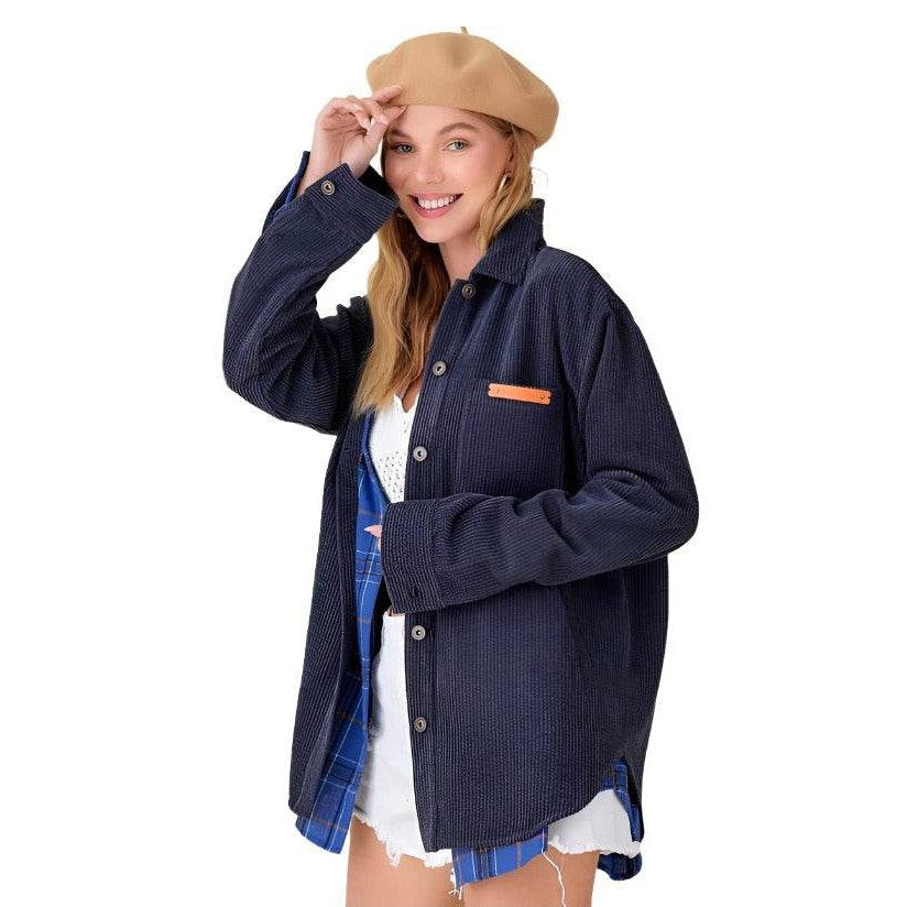 La Miel women's casual corduroy jacket in navy with stylish buttons and a chest pocket