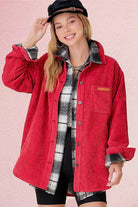 La Miel casual corduroy jacket in red with plaid lining, perfect for casual layering