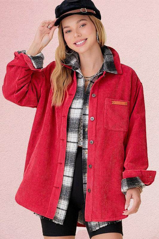 La Miel casual corduroy jacket in red with plaid lining, perfect for casual layering