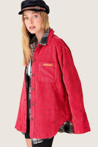 La Miel Women's Casual Corduroy Jacket in Red with Button Closure and Chest Pocket
