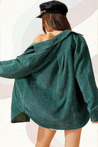La Miel women's casual corduroy jacket in green, featuring an oversized fit and stylish back detail