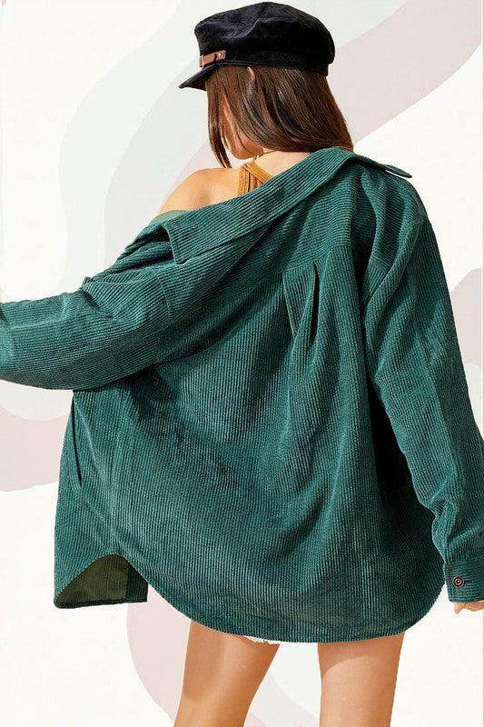 La Miel women's casual corduroy jacket in green, featuring an oversized fit and stylish back detail