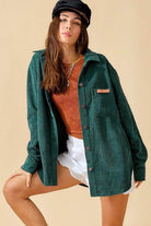 La Miel casual corduroy jacket in green with button details, perfect for stylish layering