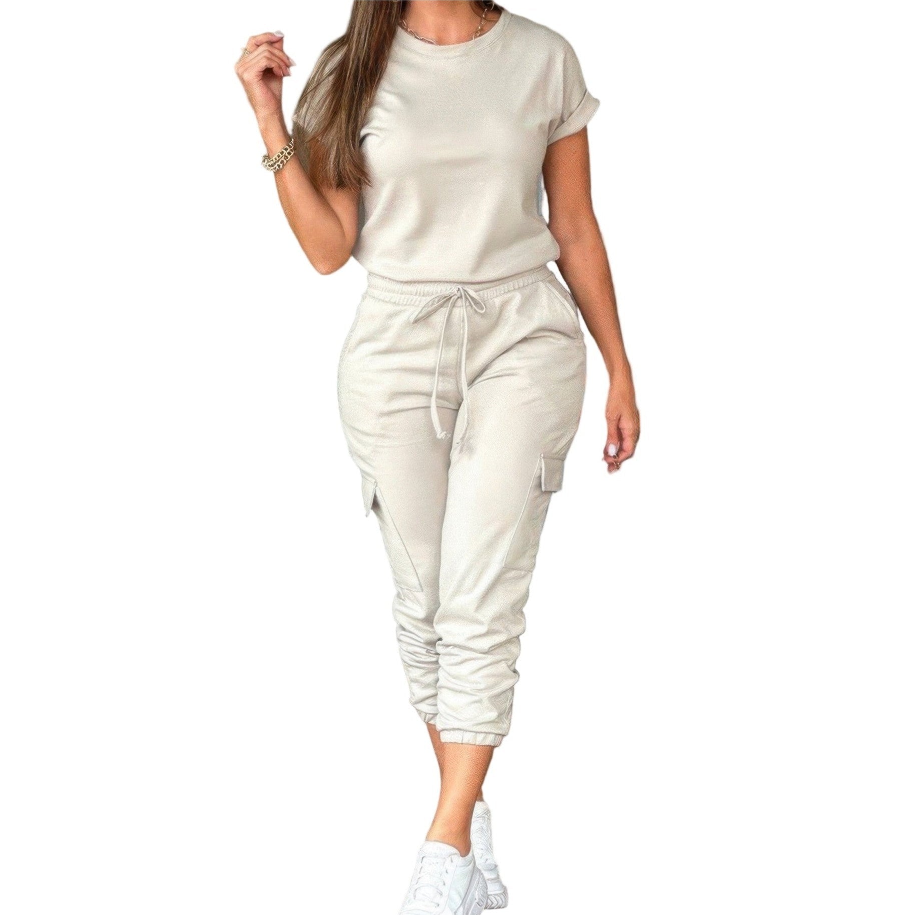 VacationGrabs casual crew neck short sleeve jumpsuit in beige with drawstring waist and stylish design