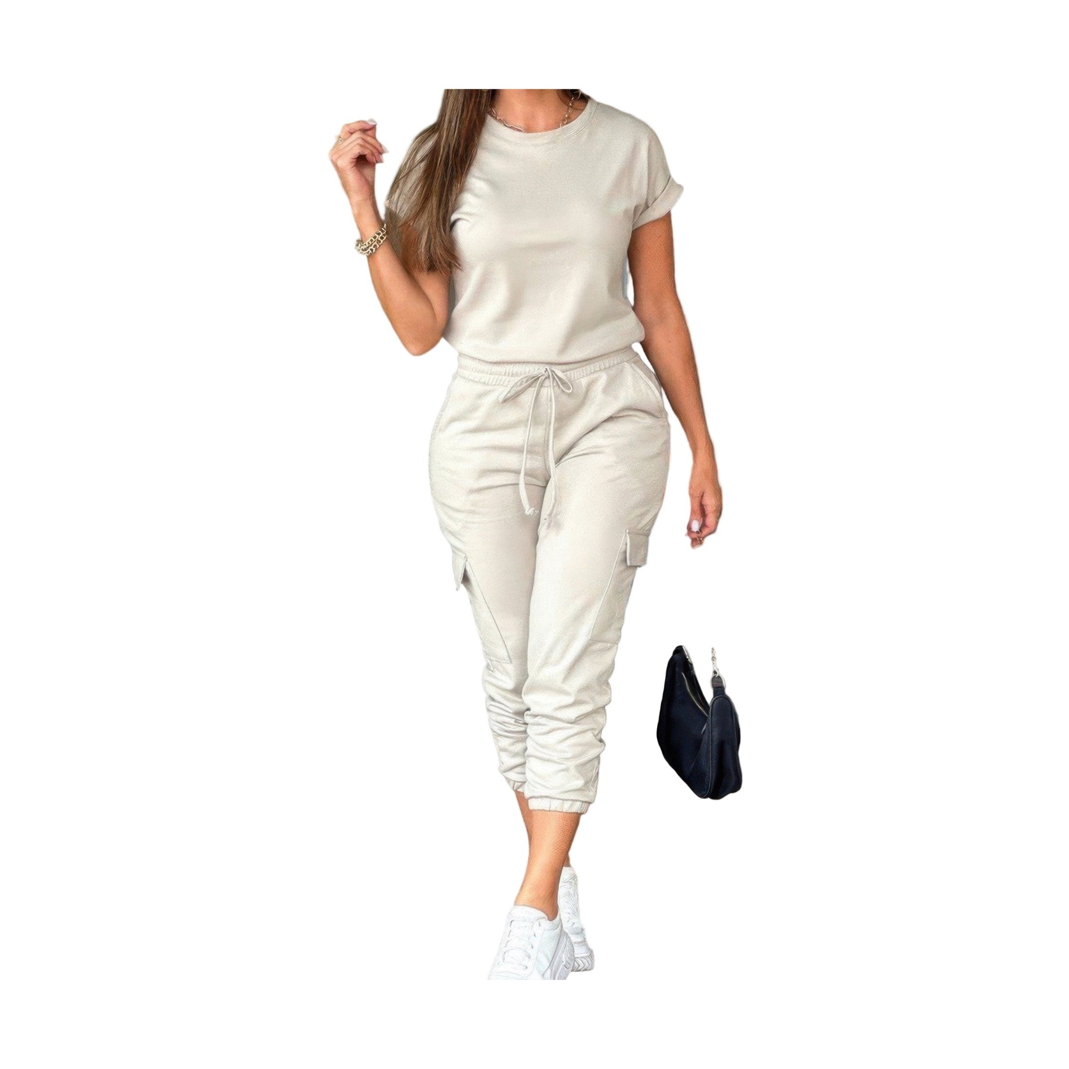 VacationGrabs casual crew neck short sleeve jumpsuit in beige with drawstring waist and stylish design