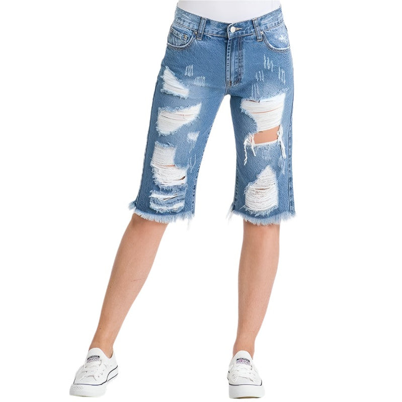 LITZ LA casual denim bermuda shorts featuring a distressed design and frayed hem for a trendy look