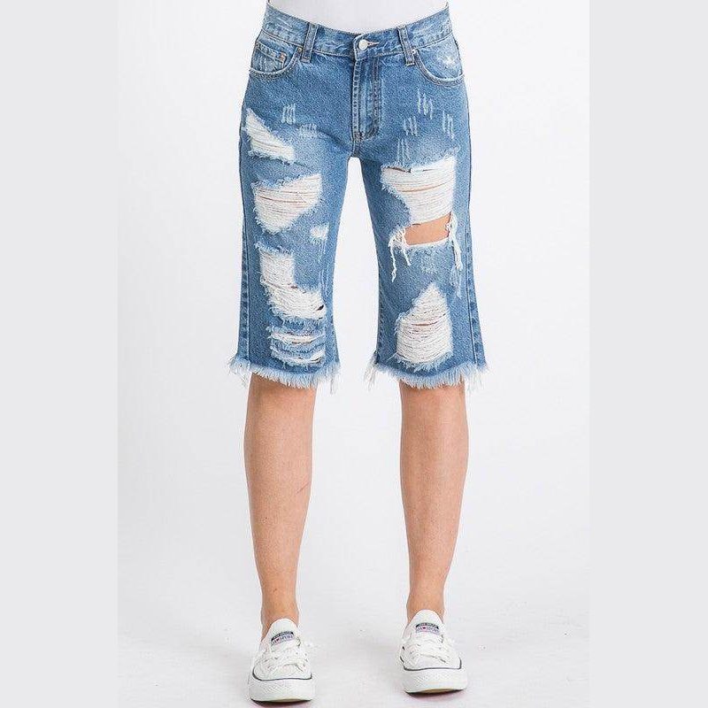 LITZ LA casual denim bermuda shorts with distressed details and frayed hem for trendy summer wear