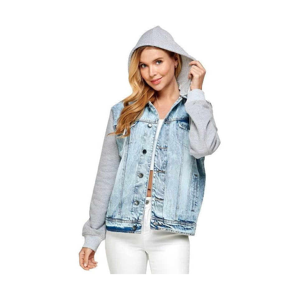 Blue Age casual denim hoodie for women with a light wash denim body and gray sleeves