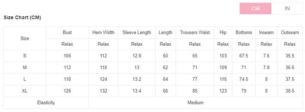 Size chart for YNIQUE casual drawstring shorts set showing measurements for bust, hem, sleeve length, trousers waist, hips, and inseam