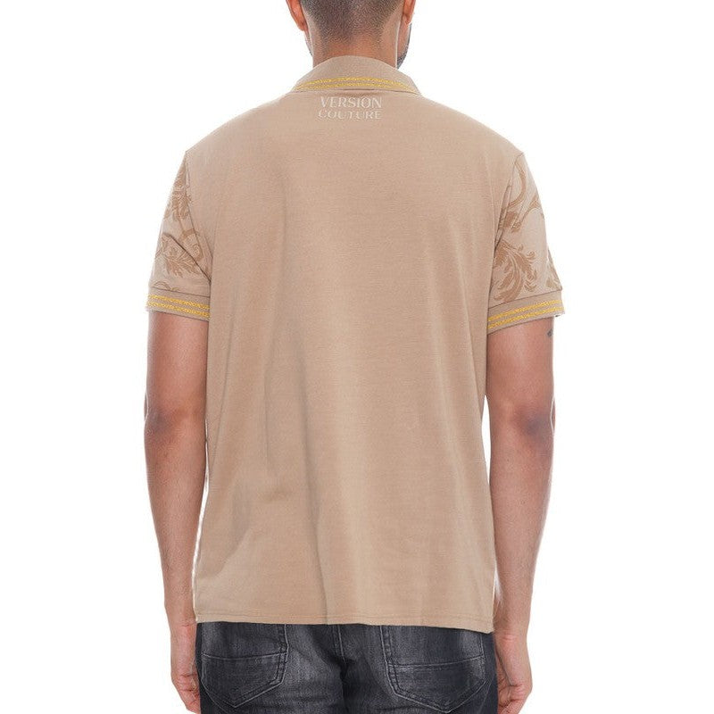 Back view of casual embroidered polo shirt by WEIV in beige with floral sleeve embroidery and yellow trim