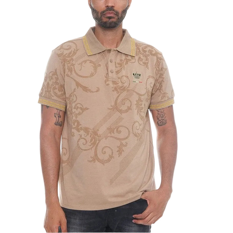 WEIV casual embroidered polo shirt in beige with intricate designs and yellow accents on collar and sleeves