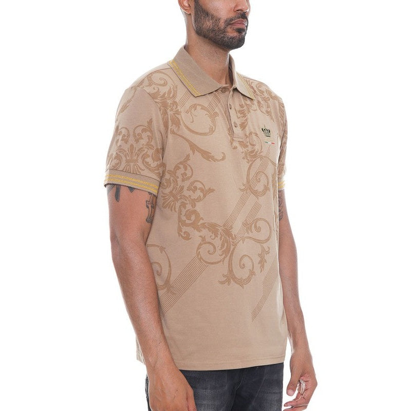 WEIV casual embroidered polo shirt in beige with intricate floral patterns and yellow striped collar