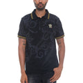WEIV casual embroidered polo shirt in black with gold-striped collar and intricate dark pattern