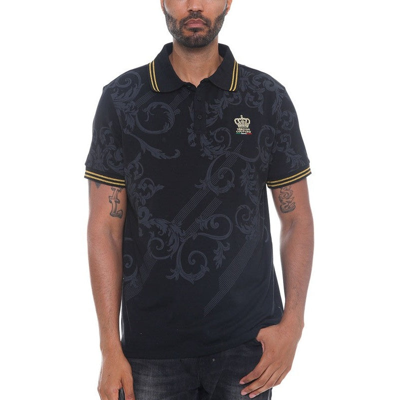 WEIV casual embroidered polo shirt in black with gold-striped collar and intricate dark pattern