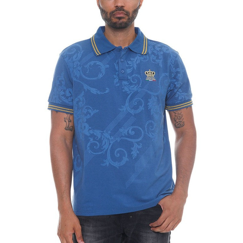 WEIV casual embroidered polo shirt in blue with yellow striped collar and sleeve cuffs