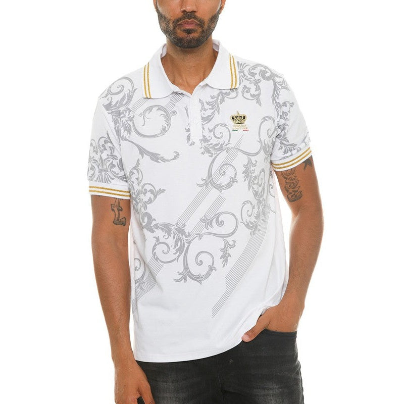 WEIV casual embroidered polo shirt in white with gray ornate patterns and yellow-striped collars