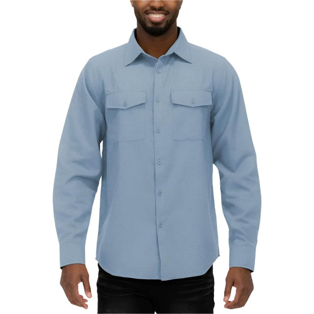 Casual flannel shirt for men in light blue with chest pockets and long sleeves