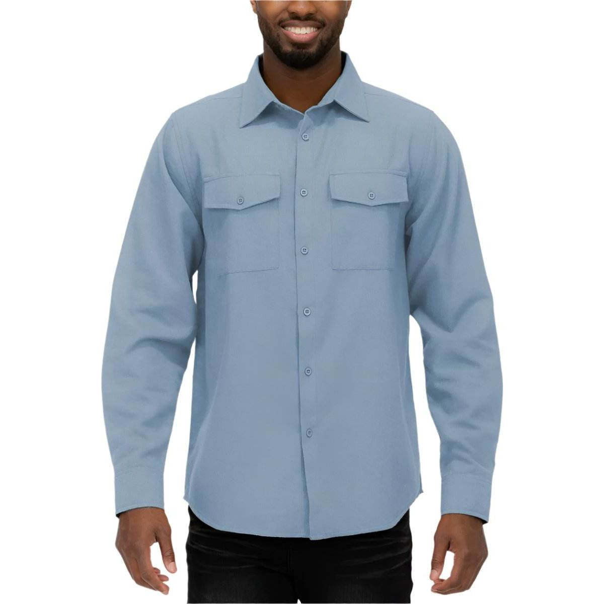 Casual flannel shirt for men in light blue with chest pockets and long sleeves