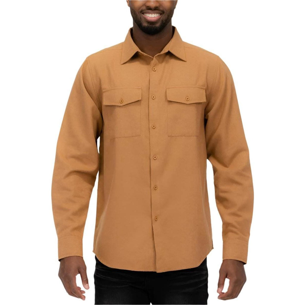 Casual gold flannel top by WEIV for men with button-up design and dual chest pockets