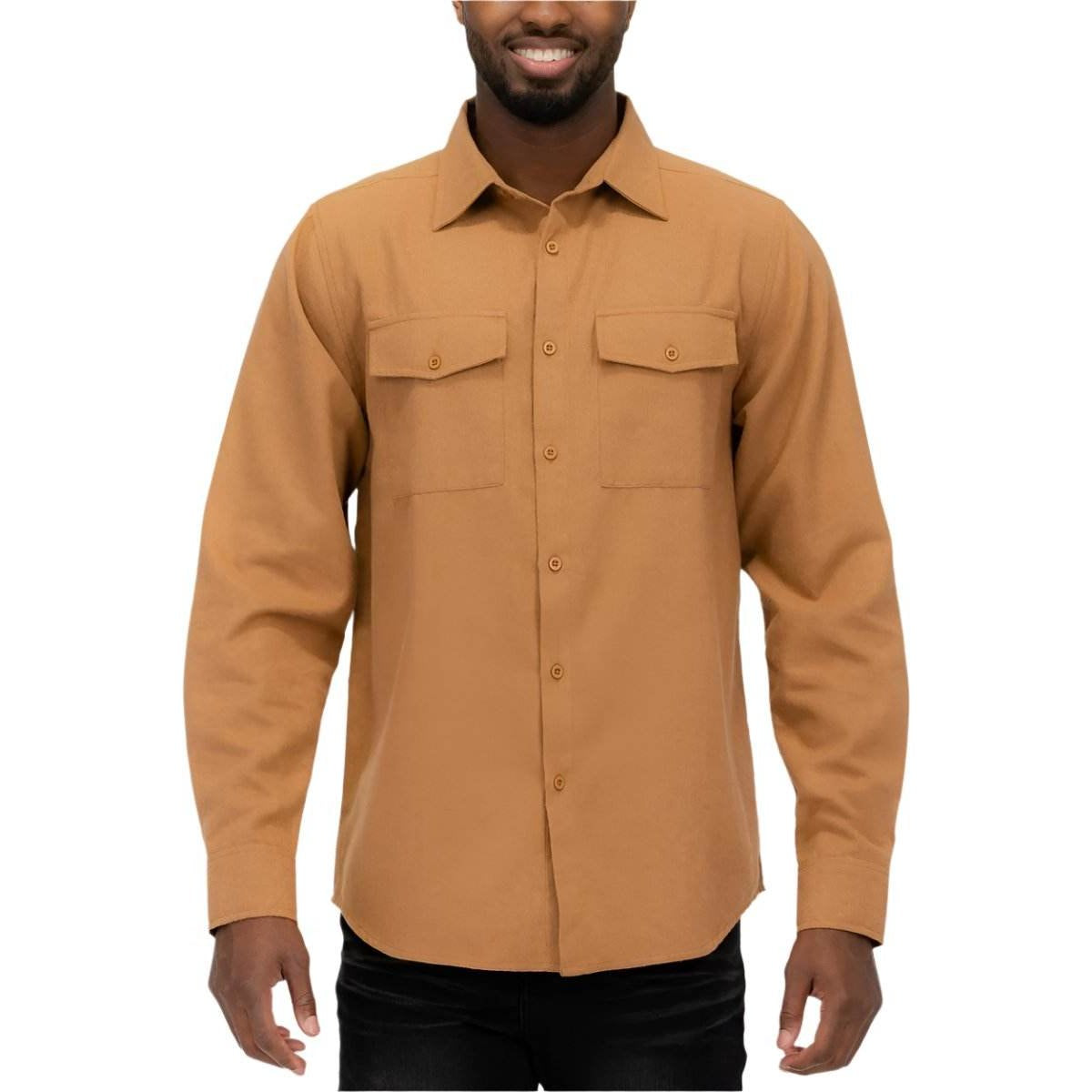 Casual gold flannel top by WEIV for men with button-up design and dual chest pockets