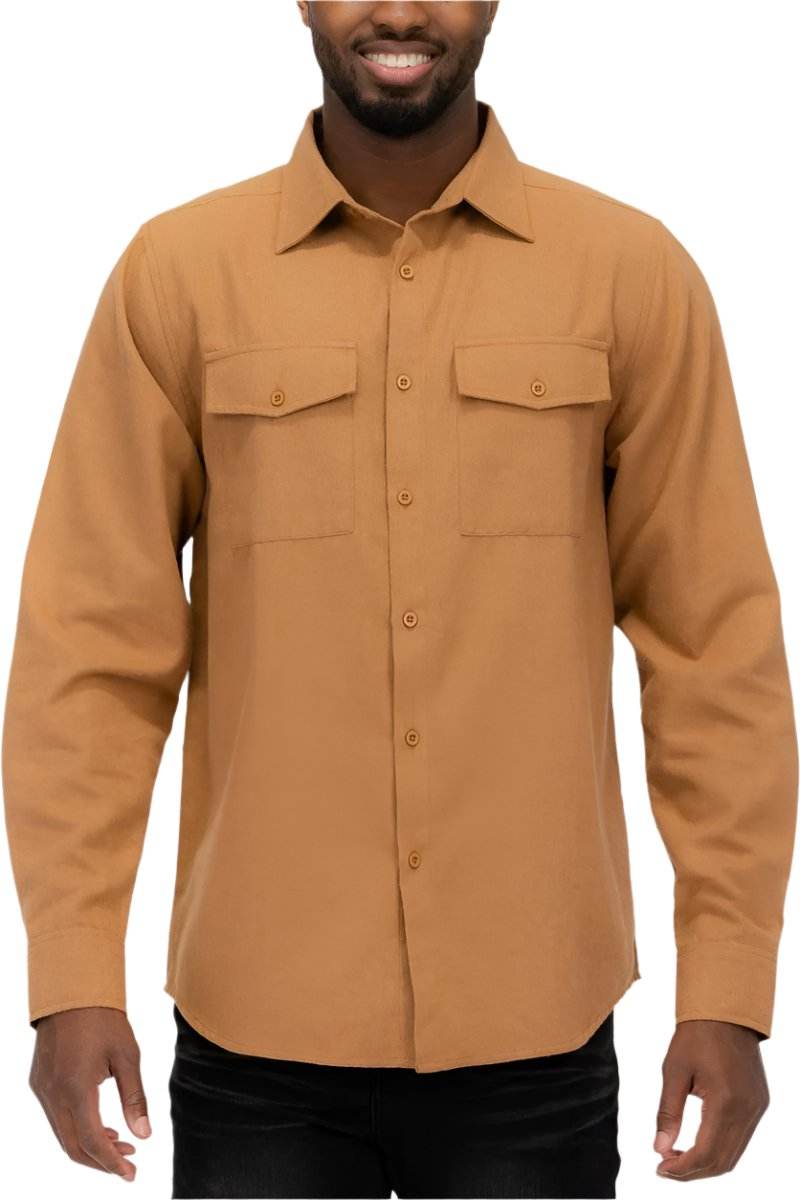 Casual gold flannel top by WEIV for men with button-up design and dual chest pockets