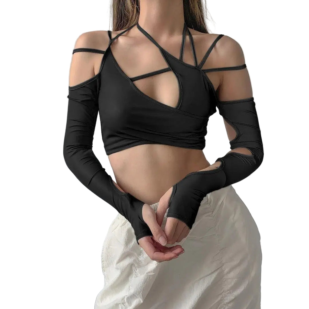 Black strappy crop top with arm sleeves worn by a woman showcasing casual gothic fashion women style