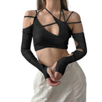 Black strappy crop top with arm sleeves worn by a woman showcasing casual gothic fashion women style