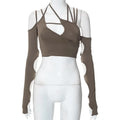 Brown asymmetrical crop top with cutout sleeves for casual gothic fashion women