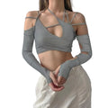 Gray strappy crop top with matching long sleeves for casual gothic fashion women by VacationGrabs