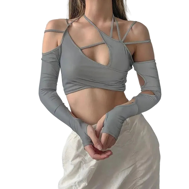 Gray strappy crop top with matching long sleeves for casual gothic fashion women by VacationGrabs