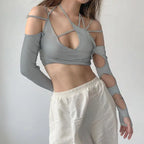 Gray cutout long sleeve crop top with strappy details for casual gothic fashion women