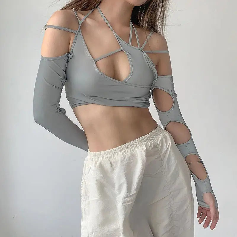 Gray cutout long sleeve crop top with strappy details for casual gothic fashion women