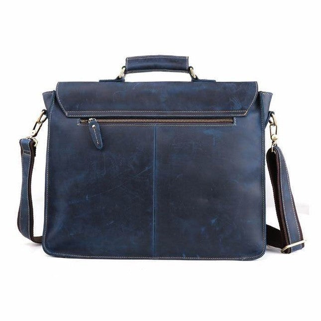 Stylish blue casual leather briefcase with a top handle and adjustable shoulder strap