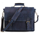 VacationGrabs casual leather briefcase in dark blue with adjustable shoulder strap and buckled front pockets