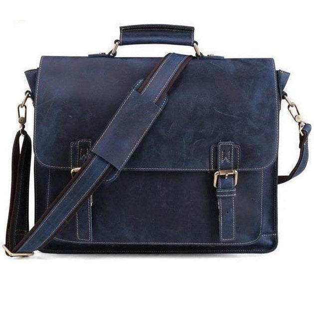 VacationGrabs casual leather briefcase in dark blue with adjustable shoulder strap and buckled front pockets
