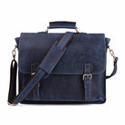 Casual leather briefcase in navy blue with adjustable shoulder strap and buckle closures