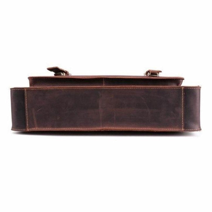 Brown casual leather briefcase with sturdy handles and spacious main compartment
