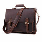 Casual leather briefcase with adjustable shoulder strap and dual buckle closures
