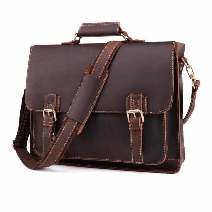 Casual leather briefcase with adjustable shoulder strap and dual buckle closures