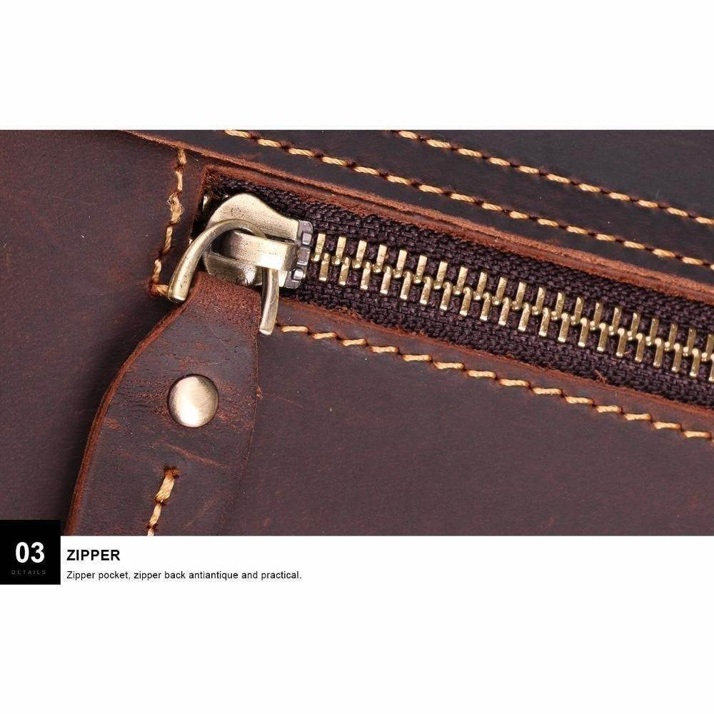 Close-up of zipper detail on a casual leather briefcase showcasing its quality stitching and functionality