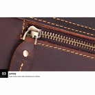 Close-up of zipper detail on a casual leather briefcase showcasing its quality stitching and functionality